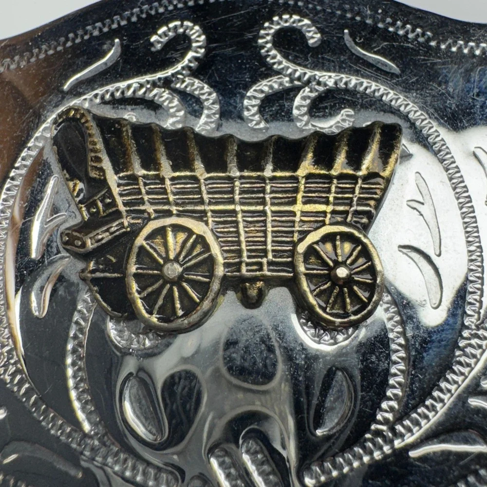 Western‎ Covered Wagon Belt Buckle Ornate Silver Tone Western Style